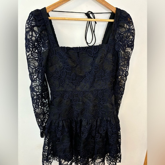 Monique Lhuillier Blue Crochet Lace Organza Long Sleeve Mini Dress - Picture 9 of 11